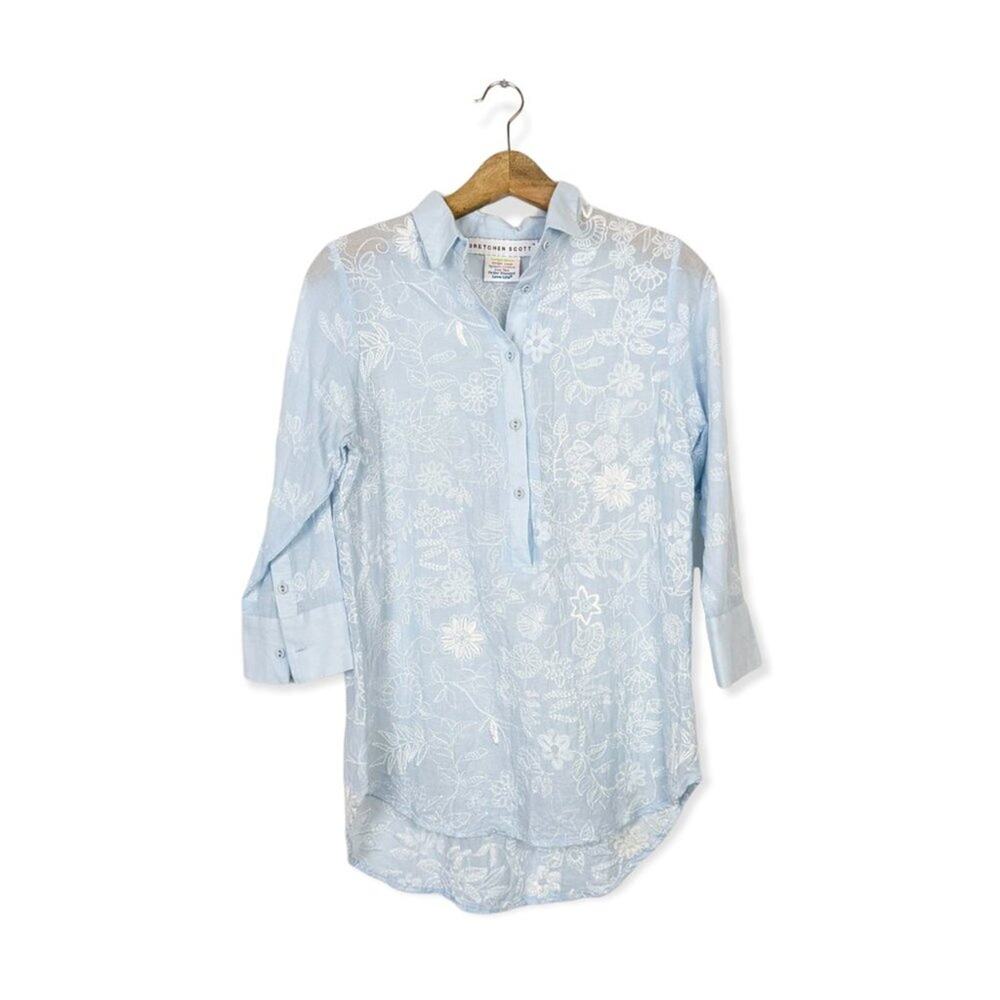 Gretchen Scott Light Blue Embroidered Floral Half Button Blouse
